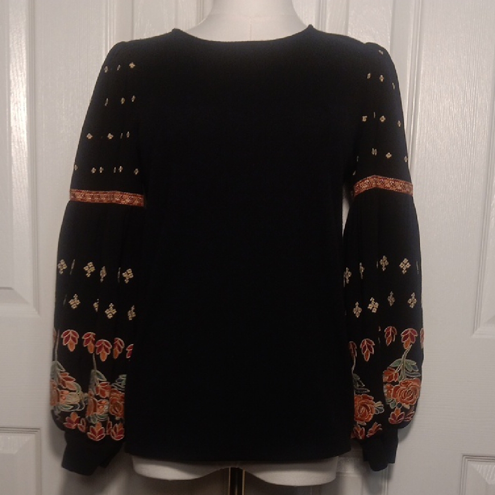 THML Black Blouse with Floral Embroidery